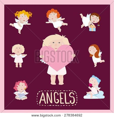 Set Of Cute Litle Baby Angels In Flat Style
