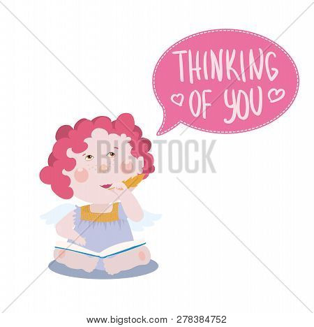 Little Angel Sitting With A Notebook, Writing Poem Or Letter With Speech Bubble On The Background.