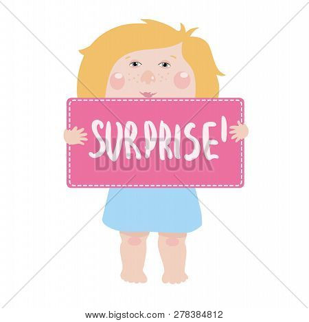 Cute Little Angel Or Child Stands And Holds A Sign For Text.