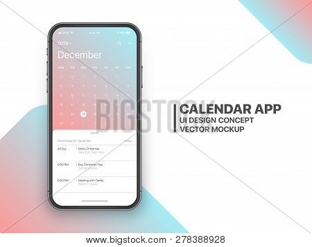 Calendar App Concept December 2019 Page with To Do List and Tasks UI UX Design Mockup Vector on Frameless Smartphone Screen Isolated on White Background. Planner Application Template for Mobile Phone