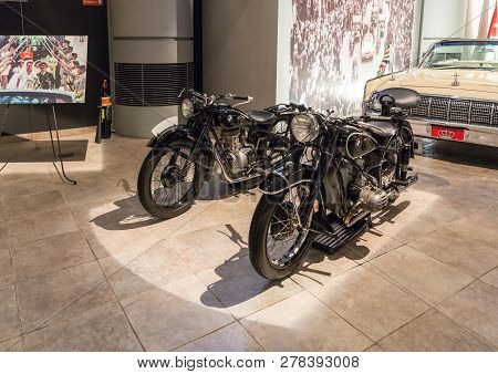Amman, Jordan, December 07, 2018 : Bmw 1951 R51/3 And Bwm 1940 R23 Motorcycle At The Exhibition In T