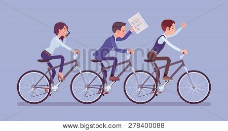 Male And Female Business Tandem. Successful Team Riding Together A Bicycle For Three, Working In Coo