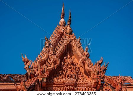 Decorated Roof Of Red Temple - Wat Ratchathammaram On Koh Samui Island