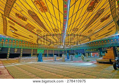 Yazd, Iran - October 18, 2017: The Large Tent, Decorated With Persian Patterns And Lion And Sun Embl