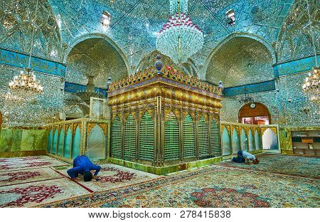 Yazd, Iran - October 18, 2017: The Shia Muslims Pray In Shrine Of Imamzadeh Jafar, Richly Decorated 