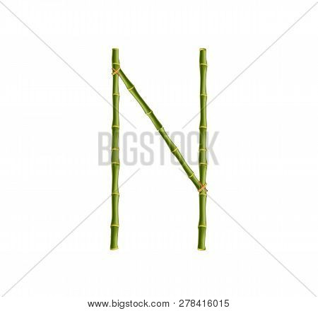 Capital Letter N Made Of Green Bamboo Poles On White Background.