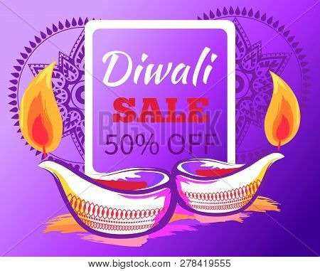 Diwali Sale -50 Off Sign With Festive Burning Candles On Bright Purple Background. Vector Illustrati