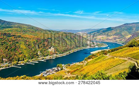 View Of The Upper Middle Rhine Valley With Rheinstein And Reichenstein Castles. Unesco World Heritag
