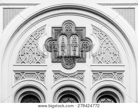 Picturesque Windows Of Spanish Synagogue In Josefov, Prague, Czech Republic. Detailed View