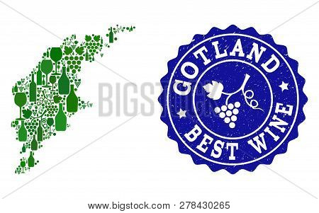 Vector Collage Of Wine Map Of Gotland Island And Best Grape Wine Grunge Seal Stamp. Map Of Gotland I