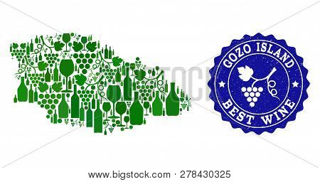 Vector Collage Of Wine Map Of Gozo Island And Best Grape Wine Grunge Seal. Map Of Gozo Island Collag