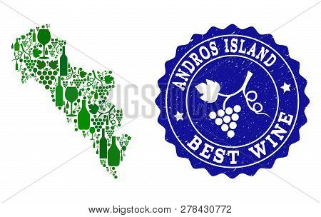 Vector Collage Of Wine Map Of Greece - Andros Island And Best Grape Wine Grunge Watermark. Map Of Gr