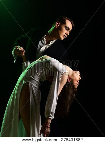 True Love At Its Finest. Couple Of Mime Artists Perform Romance On Stage. Mime Man And Woman Act In 