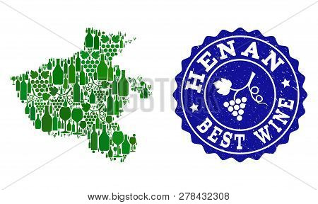 Vector Collage Of Wine Map Of Henan Province And Best Grape Wine Grunge Stamp. Map Of Henan Province