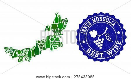 Vector Collage Of Wine Map Of Inner Mongolia And Best Grape Wine Grunge Seal. Map Of Inner Mongolia 