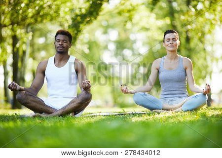 Calm spiritual young multi-ethnic couple in tshirts sitting with crossed legs and keeping hands in mudra while doing yoga in park