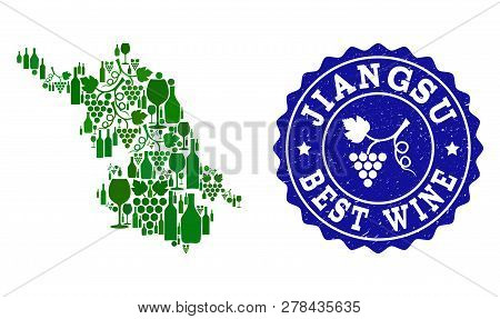 Vector Collage Of Wine Map Of Jiangsu Province And Best Grape Wine Grunge Seal Stamp. Map Of Jiangsu