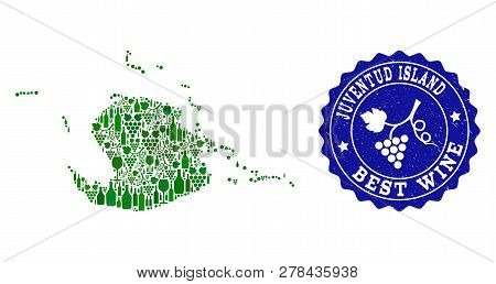 Vector Collage Of Wine Map Of Juventud Island And Best Grape Wine Grunge Stamp. Map Of Juventud Isla