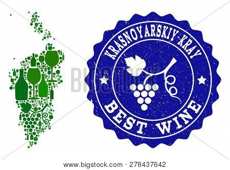 Vector Collage Of Wine Map Of Krasnoyarskiy Kray And Best Grape Wine Grunge Seal Stamp. Map Of Krasn