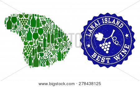 Vector Collage Of Wine Map Of Lanai Island And Best Grape Wine Grunge Seal. Map Of Lanai Island Coll