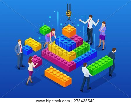 Isometric Business Management, Online Communication And Finance Concept, Business Teamwork And Plast