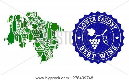 Vector Collage Of Wine Map Of Lower Saxony State And Best Grape Wine Grunge Seal Stamp. Map Of Lower