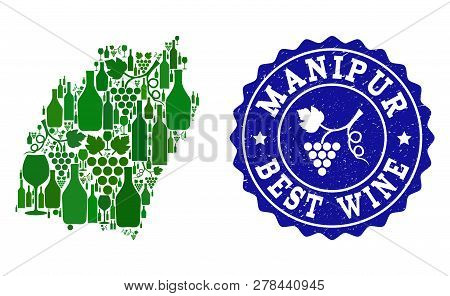 Vector Collage Of Wine Map Of Manipur State And Best Grape Wine Grunge Watermark. Map Of Manipur Sta