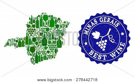 Vector Collage Of Wine Map Of Minas Gerais State And Best Grape Wine Grunge Watermark. Map Of Minas 