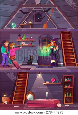 Vector Cross Section Of Witch House With Cellar And Attic. Quest Game, Rpg Background With Players, 