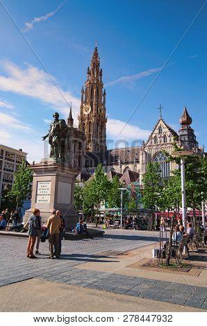 Antwerp, Belgium - May 02, 2018: Statue Pieter Paul Rubens On Green Square (dutch: Groenplaats) And 