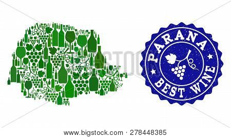 Vector Collage Of Wine Map Of Parana State And Best Grape Wine Grunge Seal. Map Of Parana State Coll