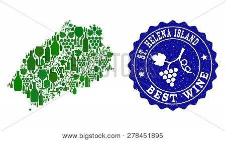 Vector Collage Of Wine Map Of Saint Helena Island And Best Grape Wine Grunge Watermark. Map Of Saint
