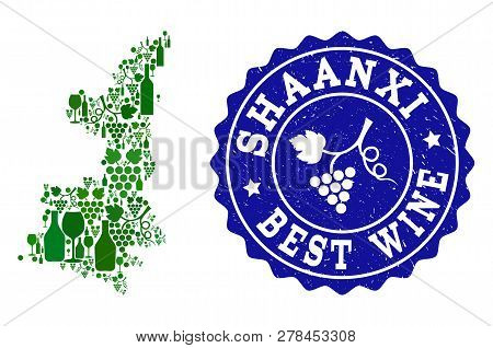 Vector Collage Of Wine Map Of Shaanxi Province And Best Grape Wine Grunge Watermark. Map Of Shaanxi 