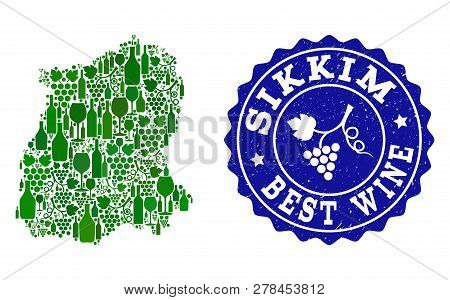 Vector Collage Of Wine Map Of Sikkim State And Best Grape Wine Grunge Seal. Map Of Sikkim State Coll