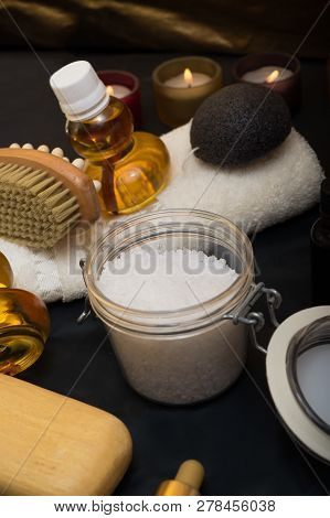 Luxury Set Of Spa Products With Accessoires On Black Background
