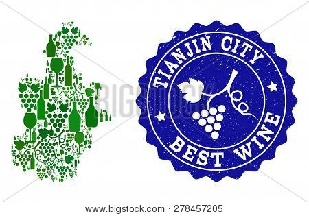 Vector Collage Of Wine Map Of Tianjin Municipality And Best Grape Wine Grunge Seal. Map Of Tianjin M