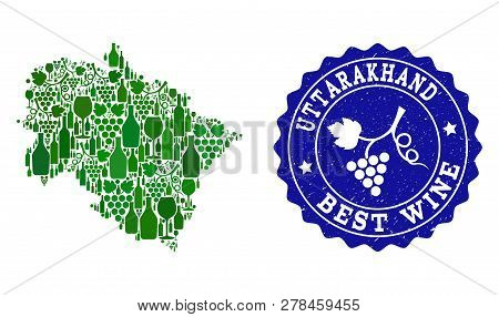 Vector Combination Of Wine Map Of Uttarakhand State And Best Grape Wine Grunge Stamp. Map Of Uttarak