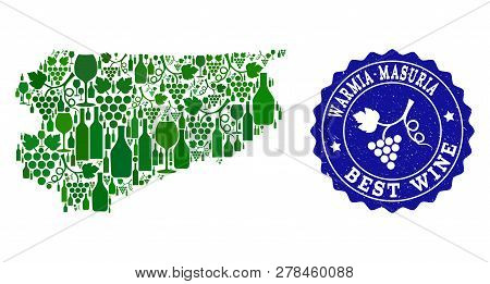 Vector Collage Of Wine Map Of Warmia-masuria Province And Best Grape Wine Grunge Seal. Map Of Warmia