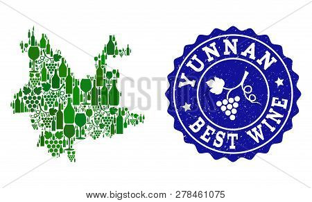 Vector Collage Of Wine Map Of Yunnan Province And Best Grape Wine Grunge Seal. Map Of Yunnan Provinc