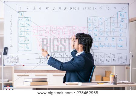 Young male chemistry teacher in front of periodic table 