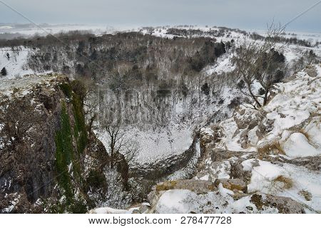View From The Top Of Cheddar Gorge In Somerset On A Snowy Day