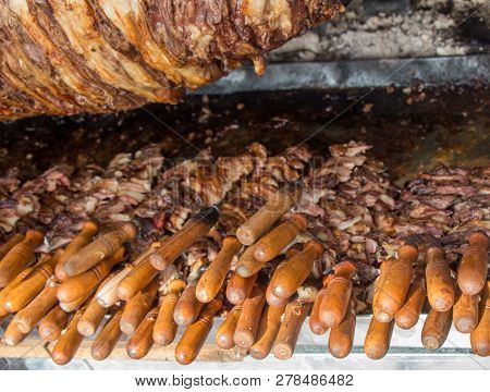 Turkish Cag Kebab Being Cooked In Fire In Display