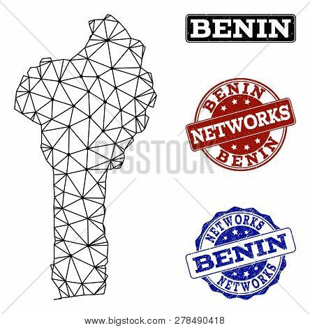 Black Mesh Vector Map Of Benin Isolated On A White Background And Scratched Stamp Seals For Networks