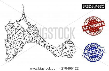 Black Mesh Vector Map Of Formentera Island Isolated On A White Background And Rubber Stamp Seals For
