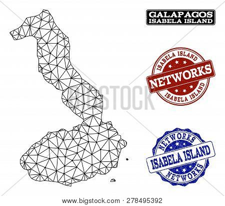 Black Mesh Vector Map Of Galapagos - Isabela Island Isolated On A White Background And Scratched Sta