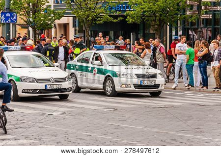 Vilnius, Lithuania - July 27, 2013: Police Cars Standing At The Beginning Of Pride Parade On Gedimin