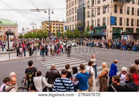 Vilnius, Lithuania - July 27, 2013: Crowd Of People Standing On Sidewalks Of Gedimino Street During 