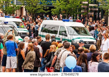 Vilnius, Lithuania - July 27, 2013: Police Cars Driving During The Pride Parade On Gedimino Street F