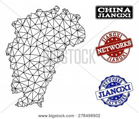 Black Mesh Vector Map Of Jiangxi Province Isolated On A White Background And Grunge Watermarks For N