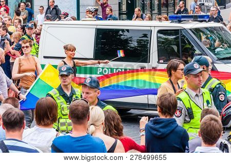 Vilnius, Lithuania - July 27, 2013: Police Forces Ensuring Safety During The Pride Parade On Gedimin